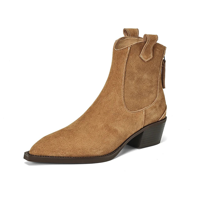 2025 Autumn Winter Trend Cow Suede Women Western Boots Black Brown Khaki Purple Green Burgundy Pointed Toe Ladies Ankle Boots