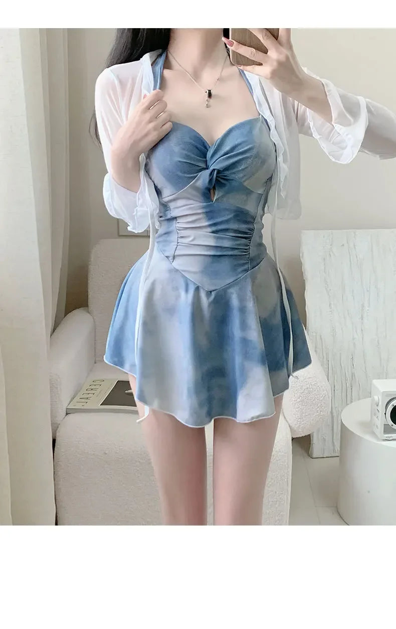 New Tenderness Sweet Cute Blue Halter Bikinis Swimsuit Aesthetics Fashions Slim Onsen Conservative Swimwear Bikinis Set