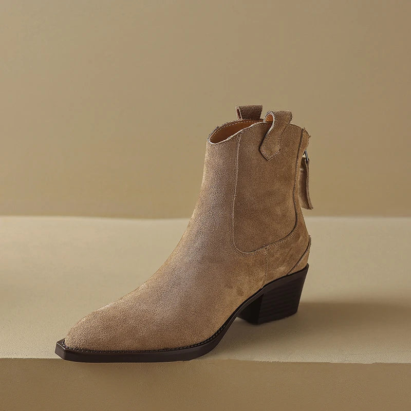 2025 Autumn Winter Trend Cow Suede Women Western Boots Black Brown Khaki Purple Green Burgundy Pointed Toe Ladies Ankle Boots