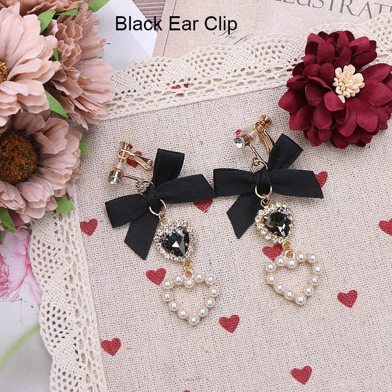 Lolita  Earrings Accessories for Women Lo Style Kawaii Bow Heart Earrings Clip/Needle Cute Women's Rhinestone Pearl