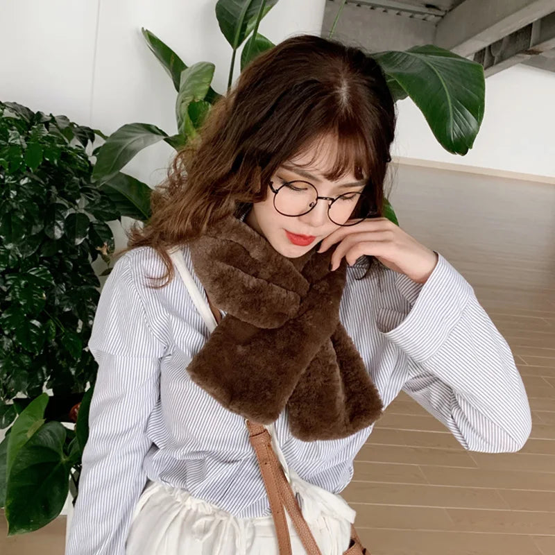 FAITOLAGI Korean Winter Faux Rabbit Fur Women Scarf Soft Plush Snood Scarves Solid Color Neck Collar Warmer Stuff Christmas Gift