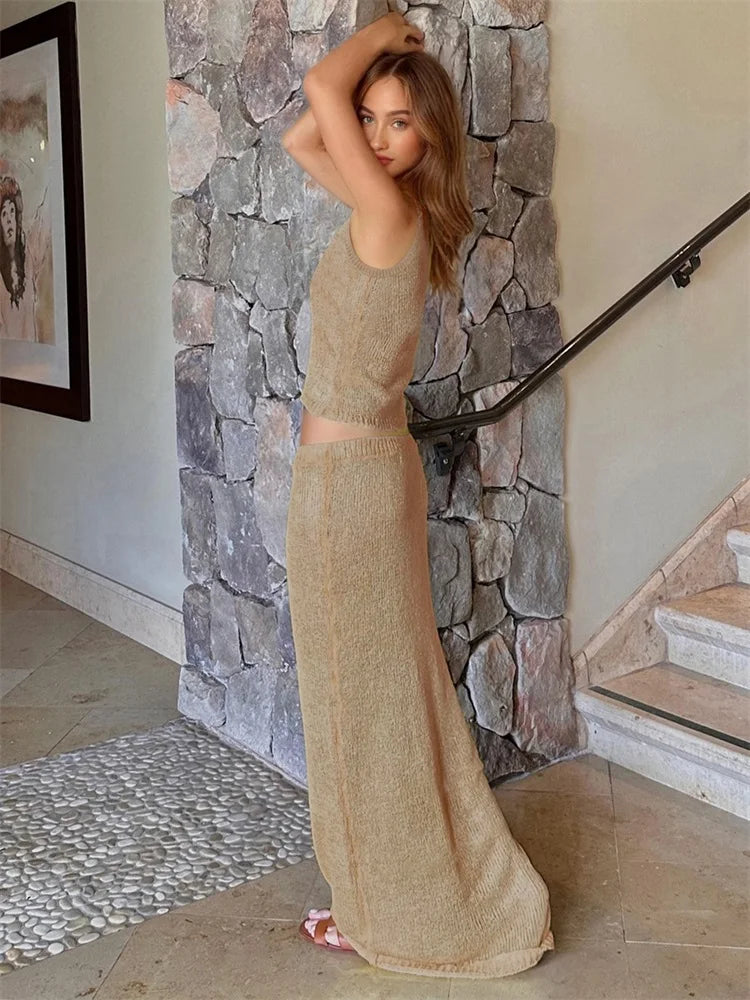 Sexy Transparent Sleeveless Shiny Camisole Tank Top Long Dress Two Piece Set 2025 Fashion Elastic Waist Wrap Hip Knitted Set K68