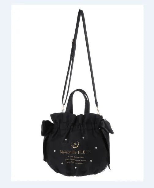 Japanese Style New Double-Sided Drawstring Bags Sweet Cute Girl Ladies Satin Bow Crossbody Shoulder Portable Handbag