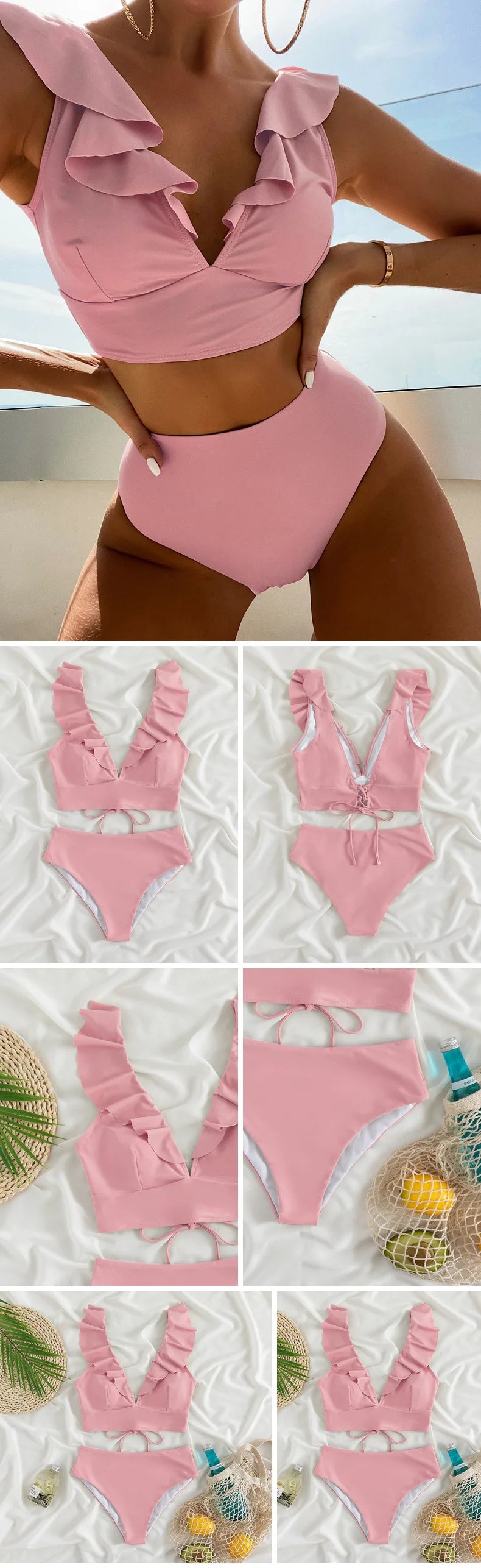 Solid Color Sexy V-neck Ruffle Bikini 2024 Women 2 Piece Swimwear Push Up Padded High Waist Swimsuit Summer Beach Bathing Suit