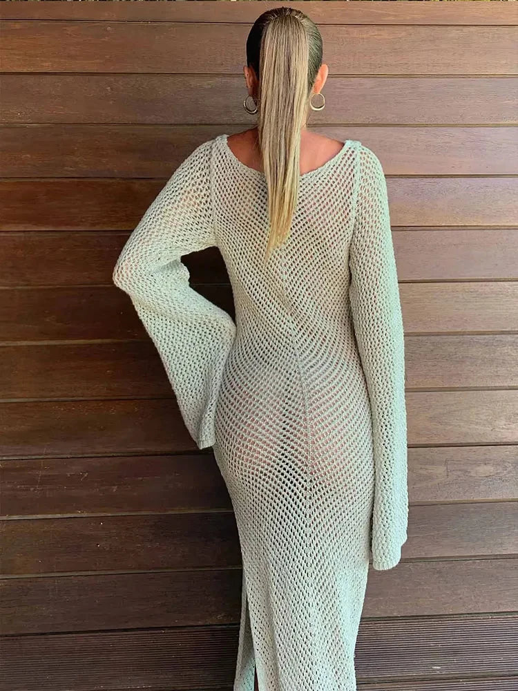 Solid Colour Beach Maxi Dress 2025 Women Summer Sexy Knit Flared Long Sleeve Slit Cut Out Swimsuit Cover Up Holiday Outfits K120
