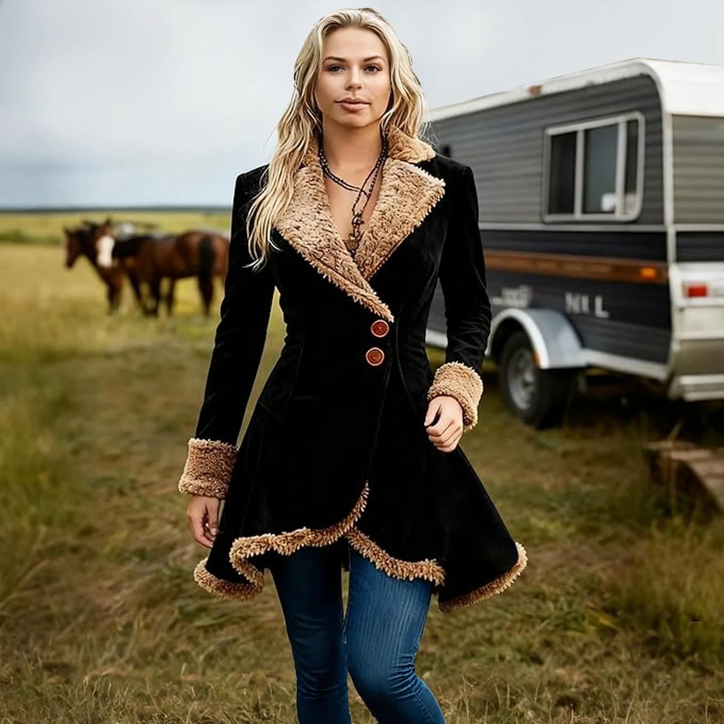 Women'S Denim Western Retro Windbreaker Plush Fashionable Warm And Plush Jacket Winter Outdoor Warm Coat Women'S Coat