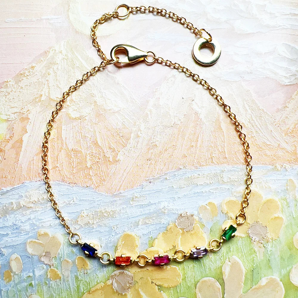 Golden Bracelet with Rainbow Coloured Stones Summer 925 Sterling Silver Jewelry Bohemia Gift For Women