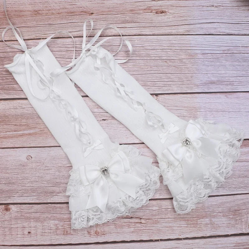 Handmade Sweet Women's Lolita Mine Lace Bow Rhinestone Oversleeves Girls Japanese Style Lace Sleeves Mittens