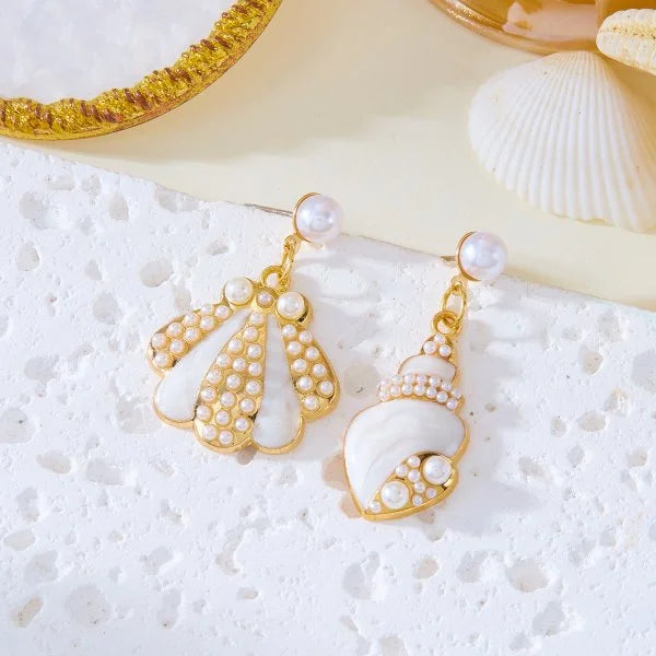 Fashion Asymmetric Ocean Style Earrings Stud  For Women Starfish Shell Earring Ear Ring Imitation Pearl Zircon Jewelry Gift