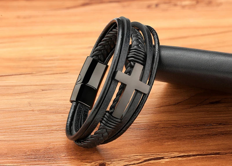 Men's Cross Bracelets Luxury Design Stainless Steel Bangles Classic Leather Bracelet Men Accessories Wrist Band Male Gift
