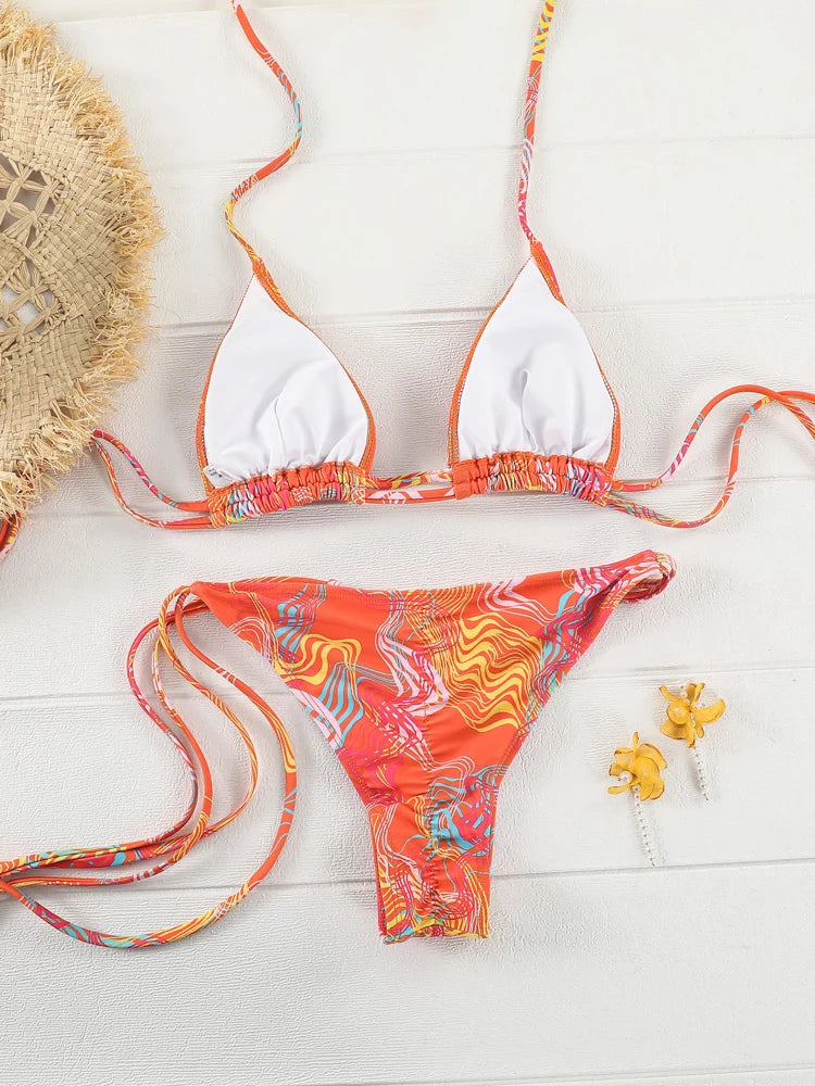 Triangle Bikini Sets Print Swimsuit Women 2023 Bikinis Bandage Swimwear Micro Thong Two Piece Suit Biquini Brazilian Swimsuits