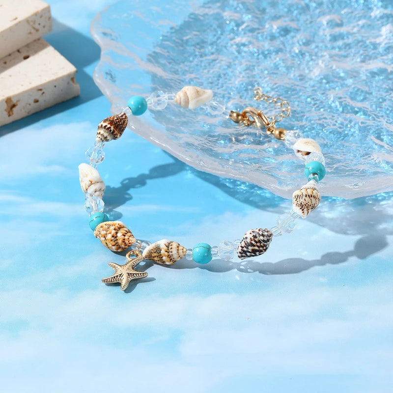 Boho Starfish Conch Bracelet Anklets for Women Cute Adjustable Shell Rice Beads Ankle Bracelets Girls Summer Foot Beach Jewelry
