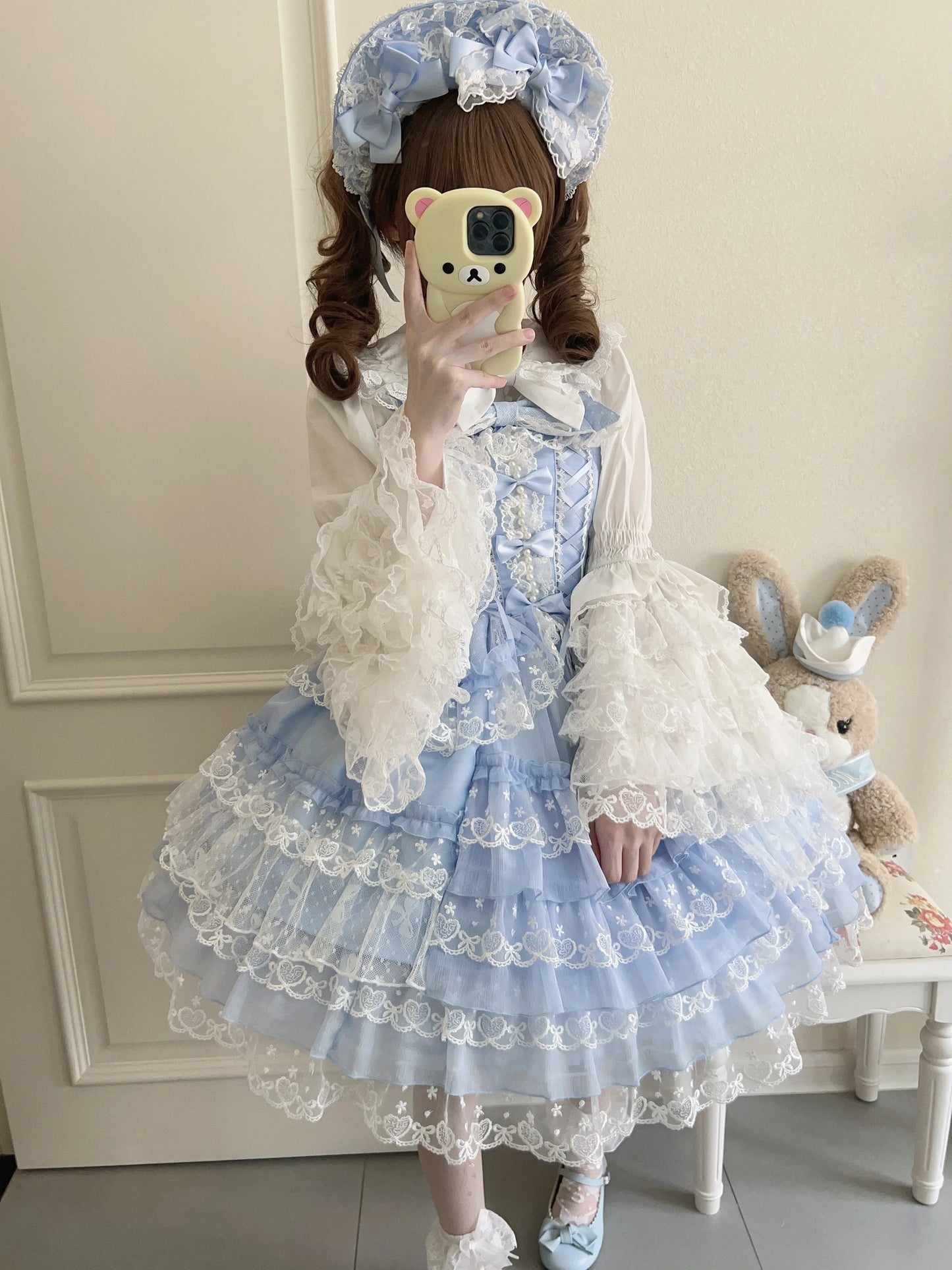 Original Design Lolita Jsk Suspender Dress Sweet Girl Women's Long Sleeve Inner Shirt Cute Princess Sling Cake Dress with Cape