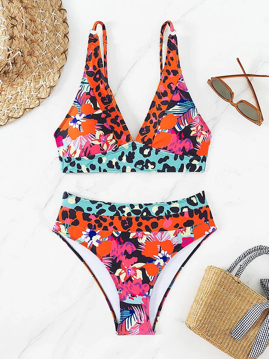 V Neck Bikinis 2024 Women High Waist Swimsuit Print Sexy Swimwear Female Bathers Bathing Swimming Swim Suit Beachwear Summer
