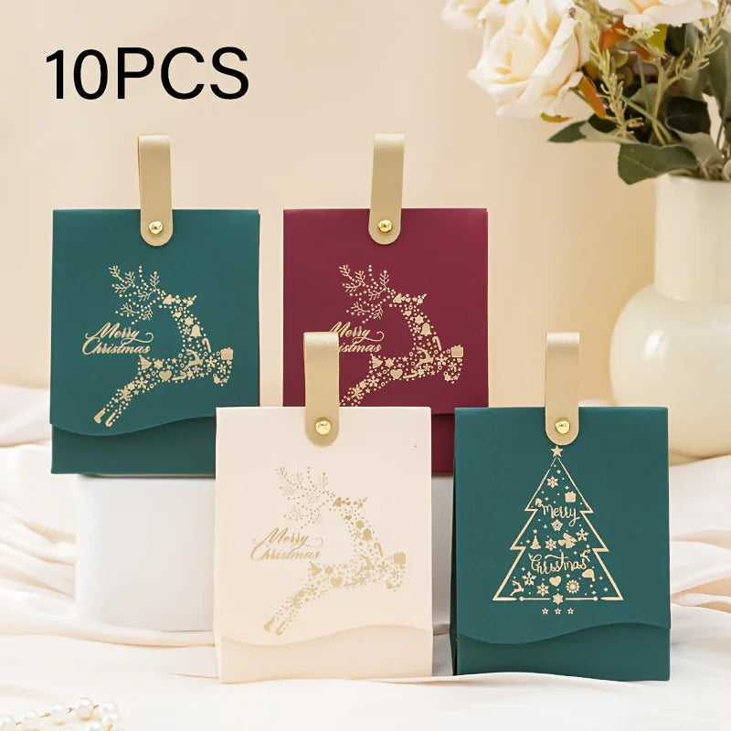 10pcs Christmas gift boxes - with leather handles, festive Christmas tree design, suitable for cookies, Christmas decorations