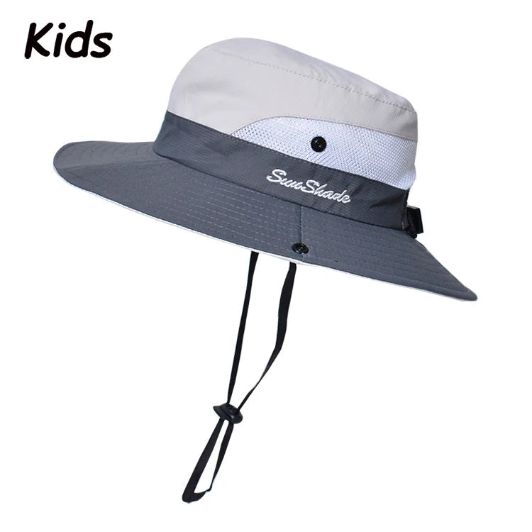 Women Summer Adjustable Bucket Hat with a Ponytail Hole Girls Sun Protection Hiking Cap Parent-child Outdoor Wide Brim Headgear