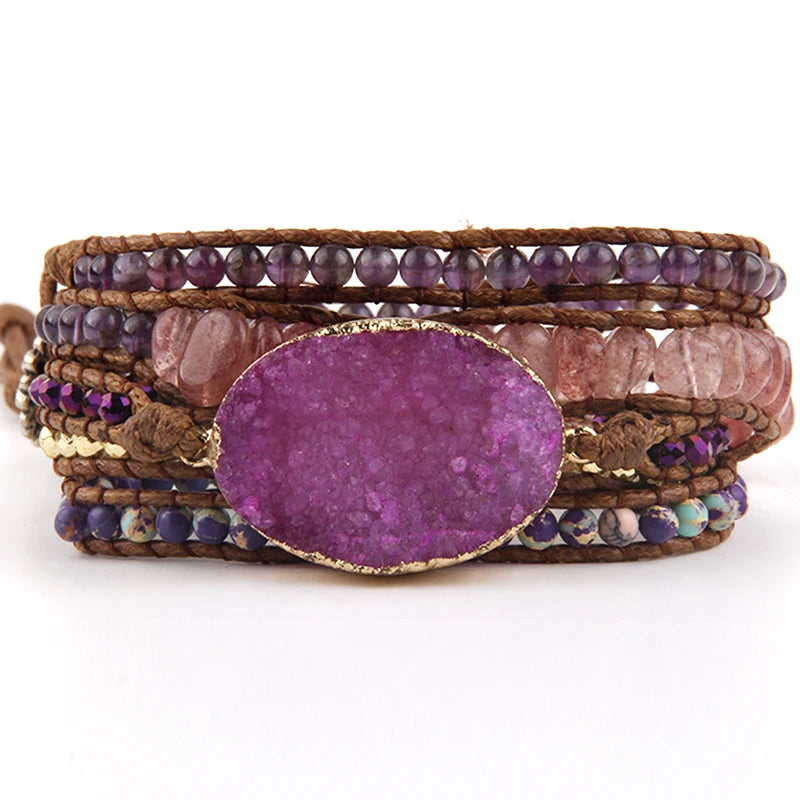Fashion Bohemian Jewelry Bracelet Mixed Natural Stones Multicolor Big Druzy Charm Handma Wrap Bracelets Gift