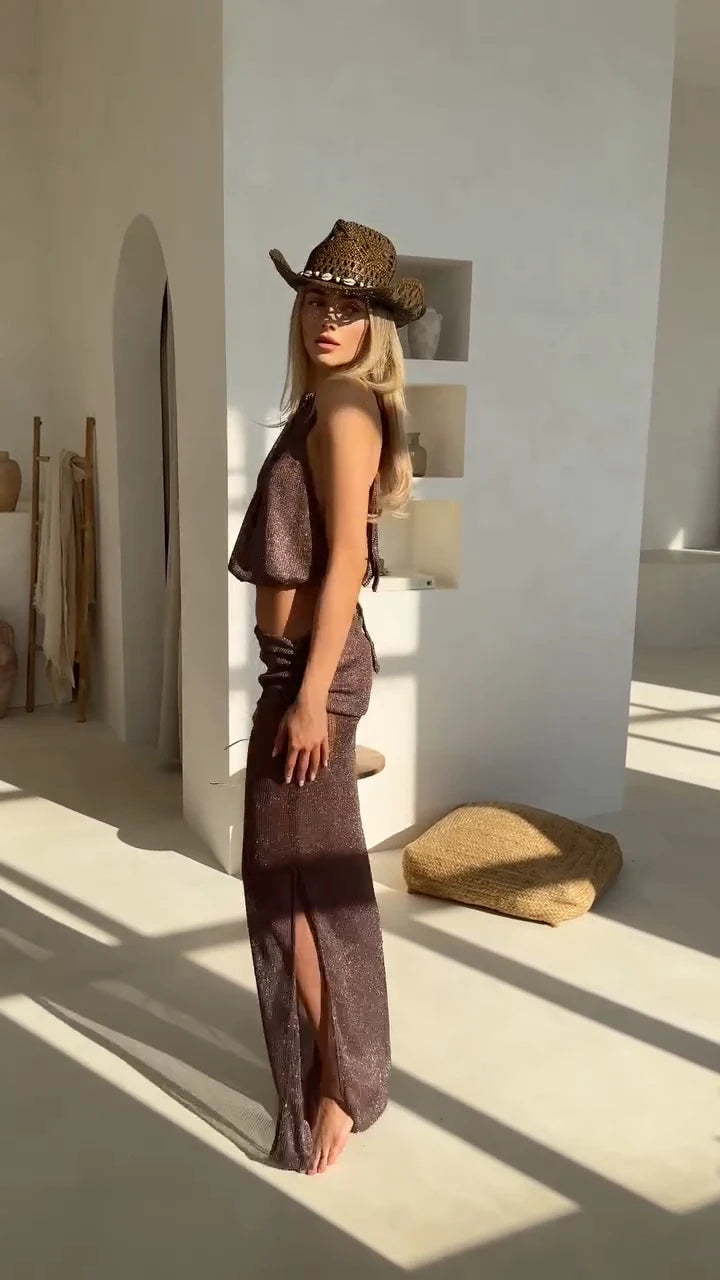 Sexy Knit Sets Backless Wrap Lace-up Top Chic Beach Half Skirt Two-piece Swimsuit Cover Up 2025 Summer Women's Party Outfit K167