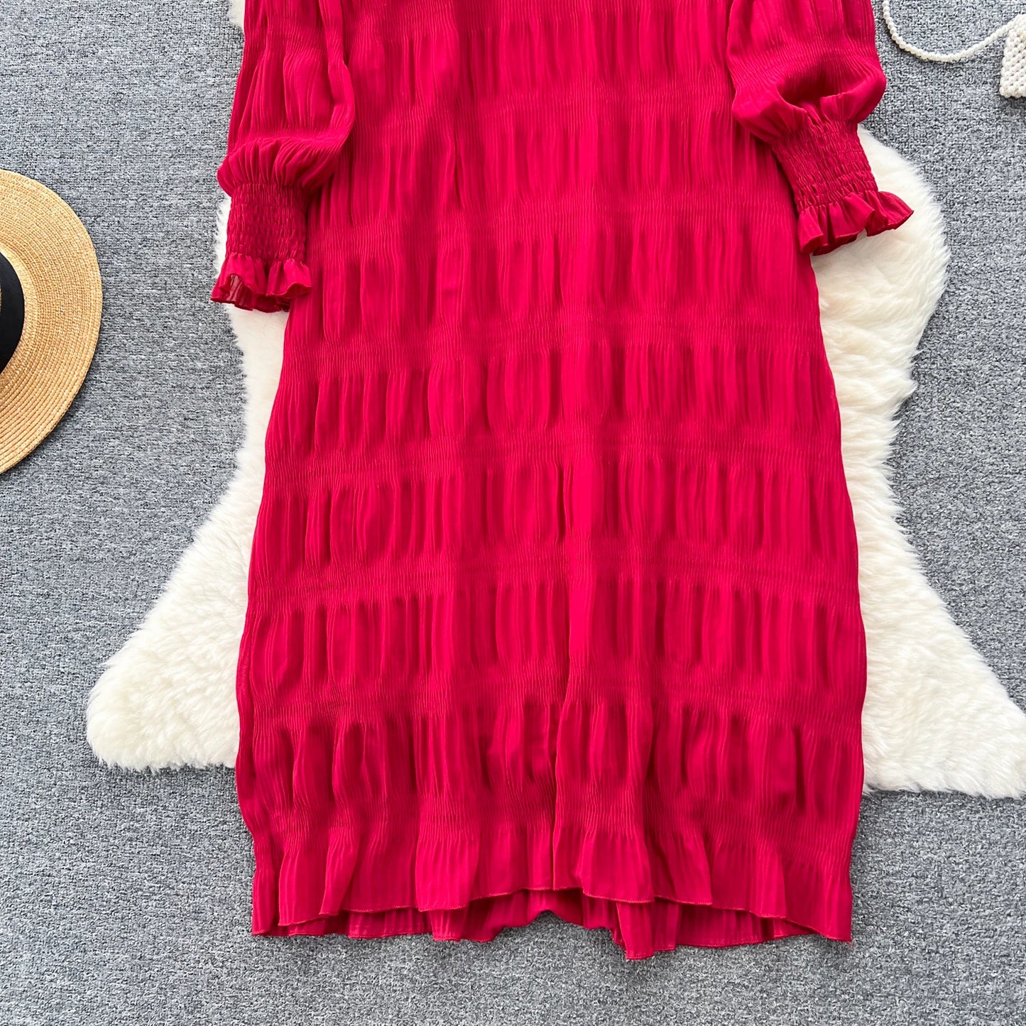 Autumn Vintage Women Draped Loose Midi Dress Elegant Round Collar Puff Long Sleeve Robe Casual Yellow/Burgundy/Green Vestido New