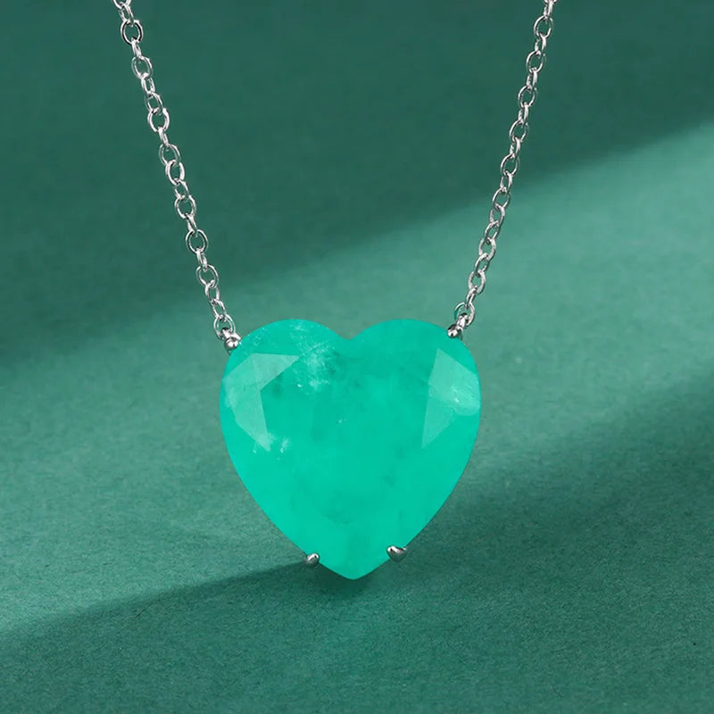 Luxury Silver Color Paraiba Tourmaline Gemstone Heart Necklace Earring for Women Wedding Dinner Party Jewelry Anniversary Gift
