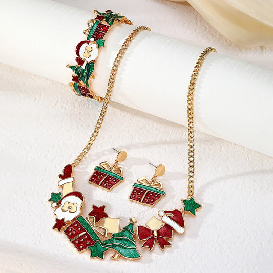 Christmas Gift Santa Claus Christmas Tree Necklace Cute Elastic Bracelet Stainless Steel Ear Pin Alloy Drop Glaze Earring Set