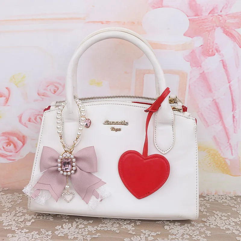 Japanese Sweet Cute Handmade Rhinestone Bow Hairpin Pearl Lace Hairclips Lolita Women Girls Side Clip Bag Pendant Handbag Charms