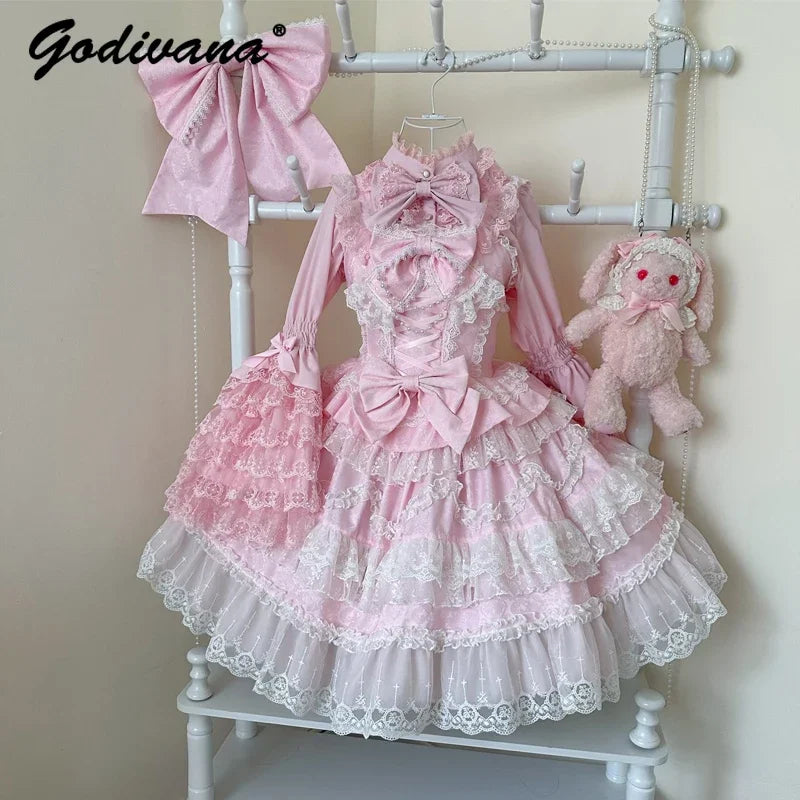 Super Fairy Lolita Dress Set New Spring and Autumn Sweet Girl Women's Flower Lace Bow Shirt Princess Jsk Suspender Dress