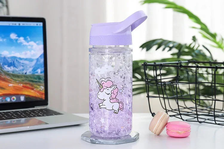 Stylish Double Straw Unicorn Ice Cup Summer Cold Drink Juice Coffee Water bottle Boy's Girl's Portable Plastic Cups Novelty Gift