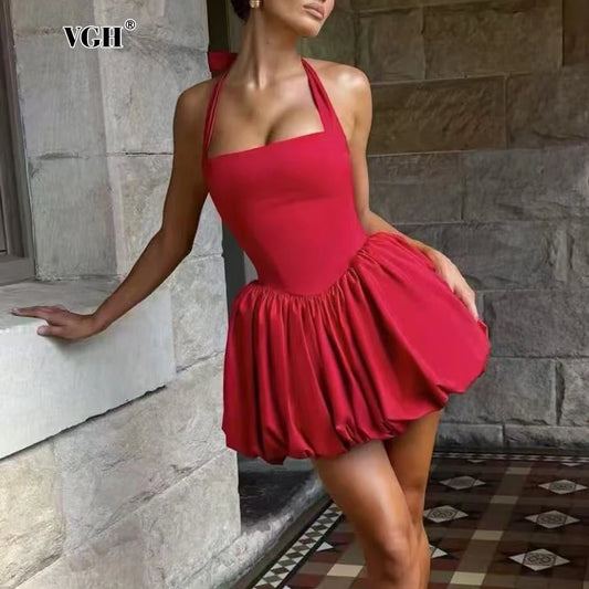 VGH Sexy Temperament Tunic Ball Gown for Women Halter Sleeveless Patchwork Lace Up Short Prom Dresses Female Clothing Fashion