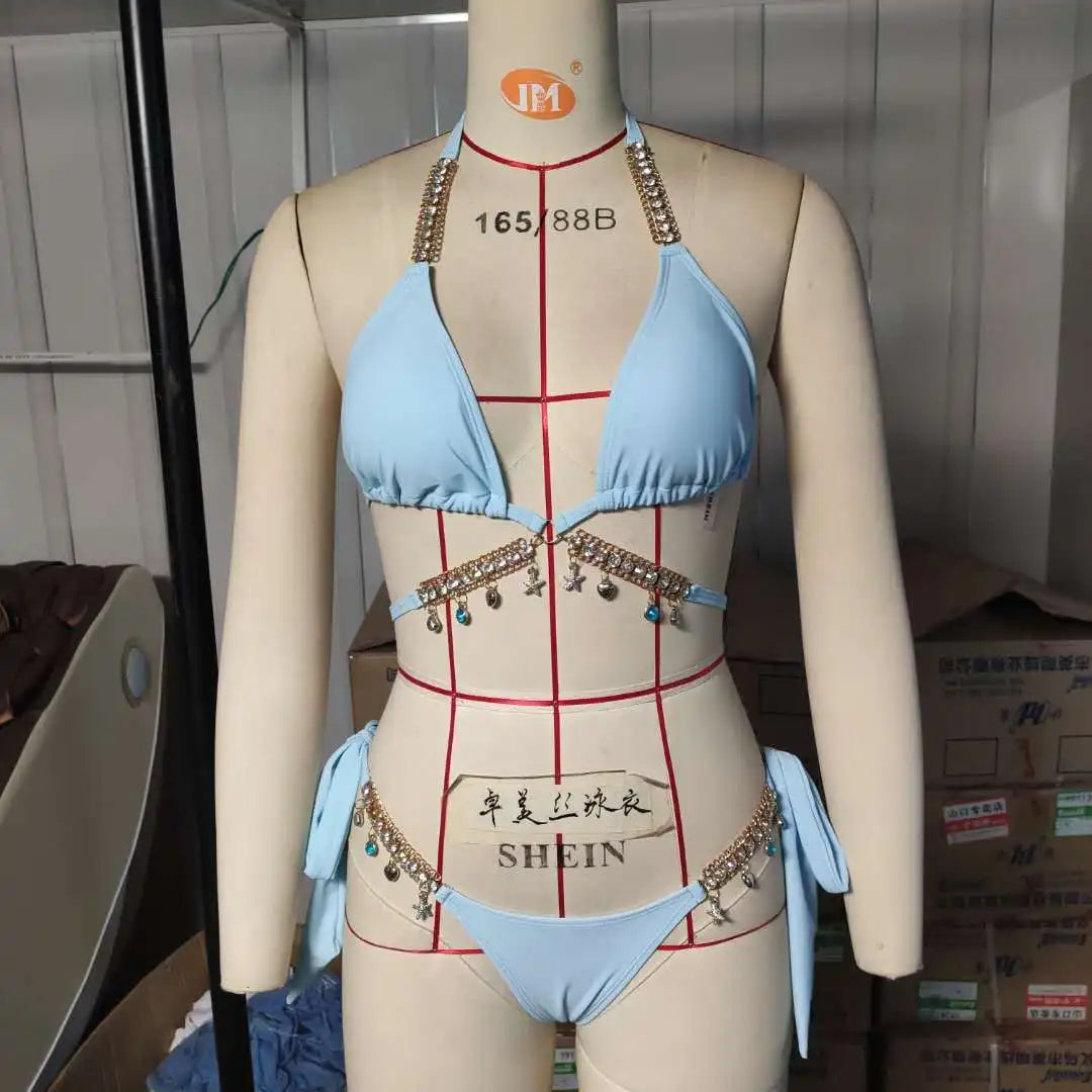 Rhinestone Bikini 2022 Women Solid Black Crystal Diamond Swimsuit Lady Luxury Metal Chain Bandage Bathing Suit Thong Swimwear