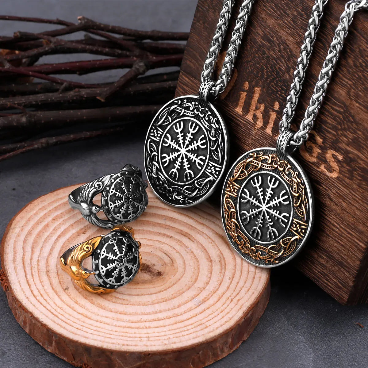 Stainless Steel Men's Viking Blend Ouroboros Helmet of Awe Necklace Hip Hop Vintage Pendant Scandinavian Jewelry Gift