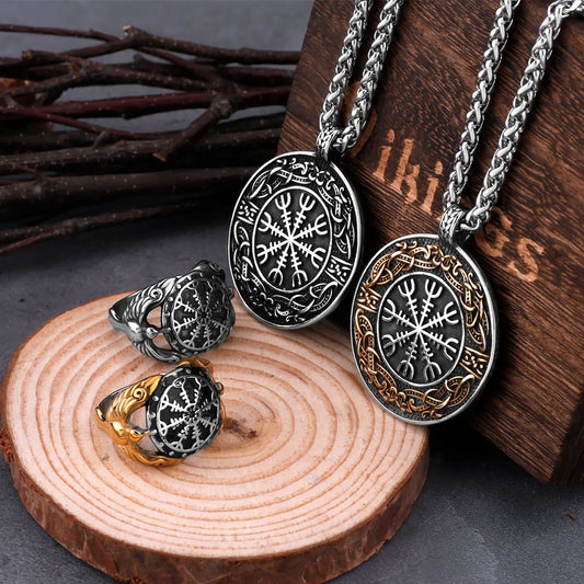 Stainless Steel Men's Viking Blend Ouroboros Helmet of Awe Necklace Hip Hop Vintage Pendant Scandinavian Jewelry Gift
