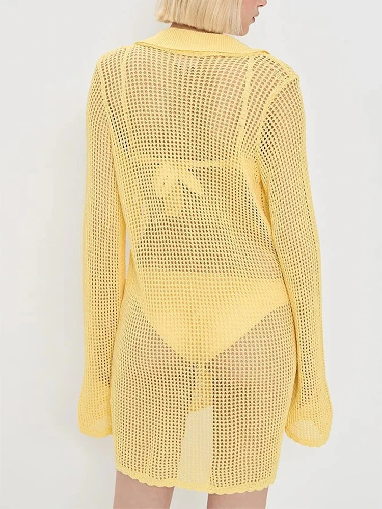 2025 Summer Women's Loose V Neck Button Coverup Cardigan Sexy Knit Mesh Beach Dress Swimsuit Cover Up Casual Vacation Wear K187