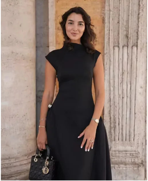 Vintage Brown Long Dress Women's Elegant Loose Diagonal Neck Black Metal Buckle Maxi Dresses Female 2025 Summer Evening Party