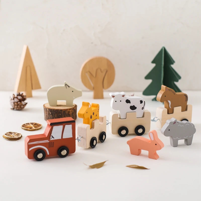 Children Montessori Wooden Toys Dinosaur Car Animal Park Barn Toy Wooden Stacking Game Kid Educational Toy Christmas Gift