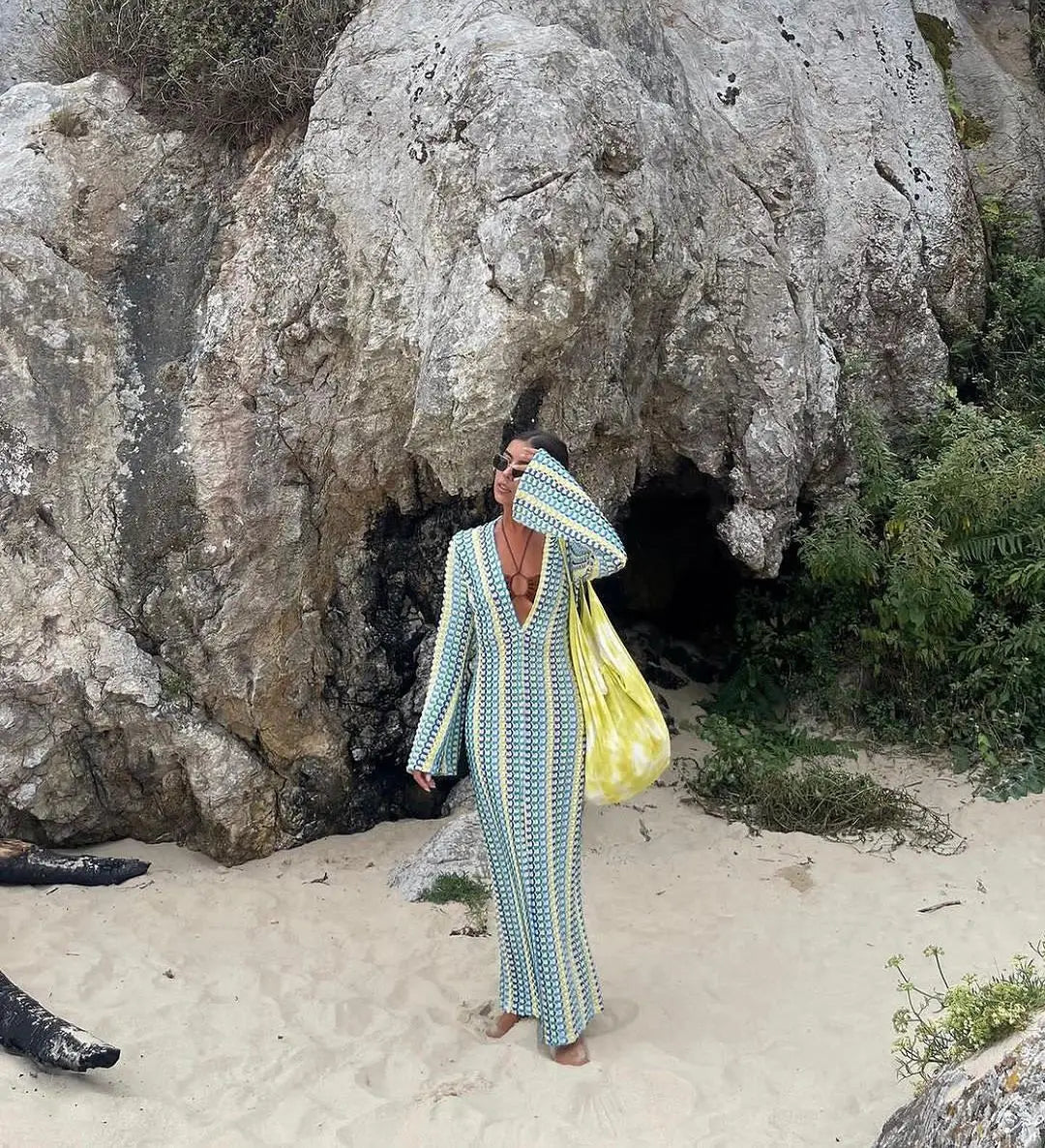 Crochet Colorful Stripe Maxi Dress Women Flare Sleeve V-neck High Split Sexy Long Dresses 2025 New Autumn Beach Banquet Vestidos