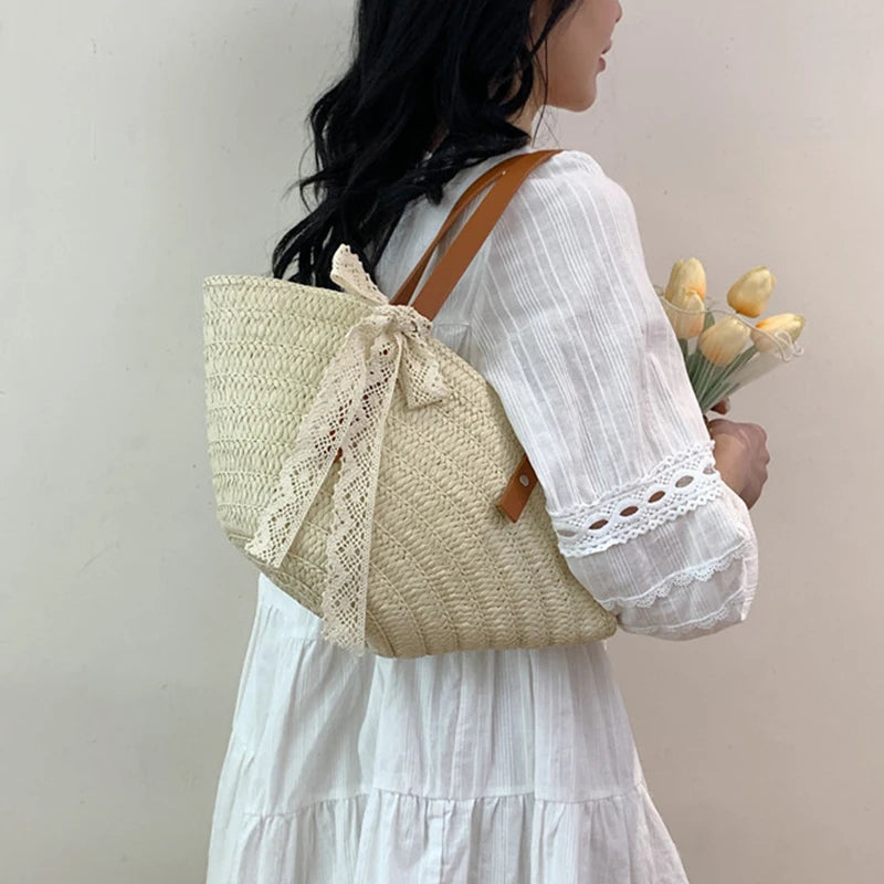 Women Braided Basket Clutches Bag Large Straw Portable Shoulder Bag Summer Beach Purses Shopper Satchel