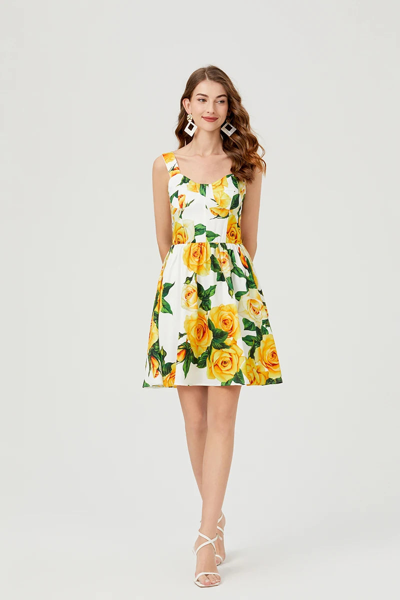 2024 Summer Fashion Short Boho Dress Women Mini Floral Print Dress Female Sleeveless Hanging Belt Printed Waist Folded Dress