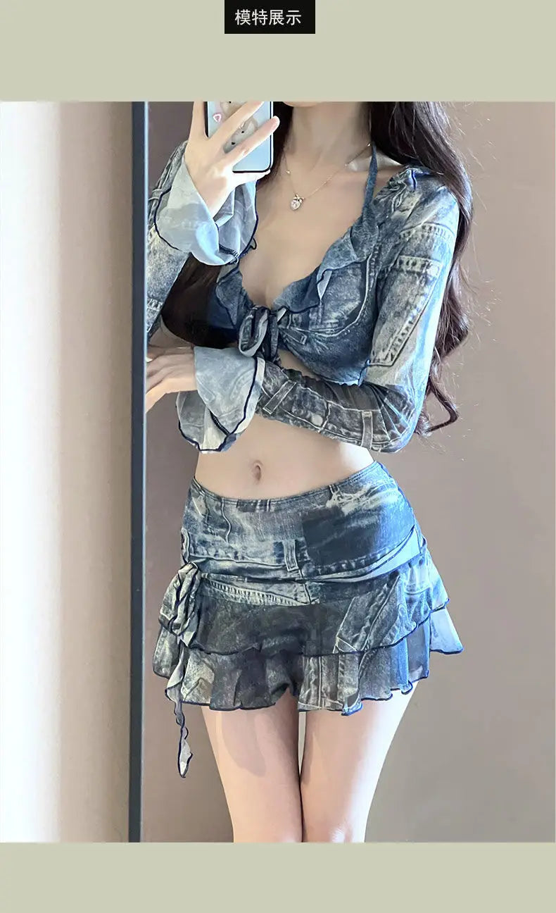 Bikini Swimsuit Lady Denim Blue Four Piece Set Sexy Fashion Vacation Sand Auricularia Auricula Edge Slim A-line Skirt Swimwear