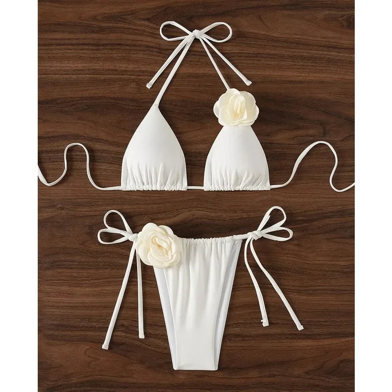 Sexy 3D Flower Black Triangle Bikinis Sets Micro Thong Swimsuit Women String Halter Bathing Suit Bikini 2025 Mujer Biquinis Swim