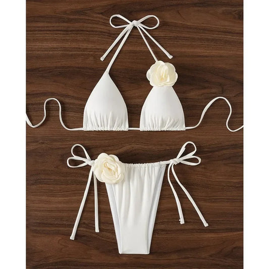 Sexy 3D Flower Black Triangle Bikinis Sets Micro Thong Swimsuit Women String Halter Bathing Suit Bikini 2025 Mujer Biquinis Swim