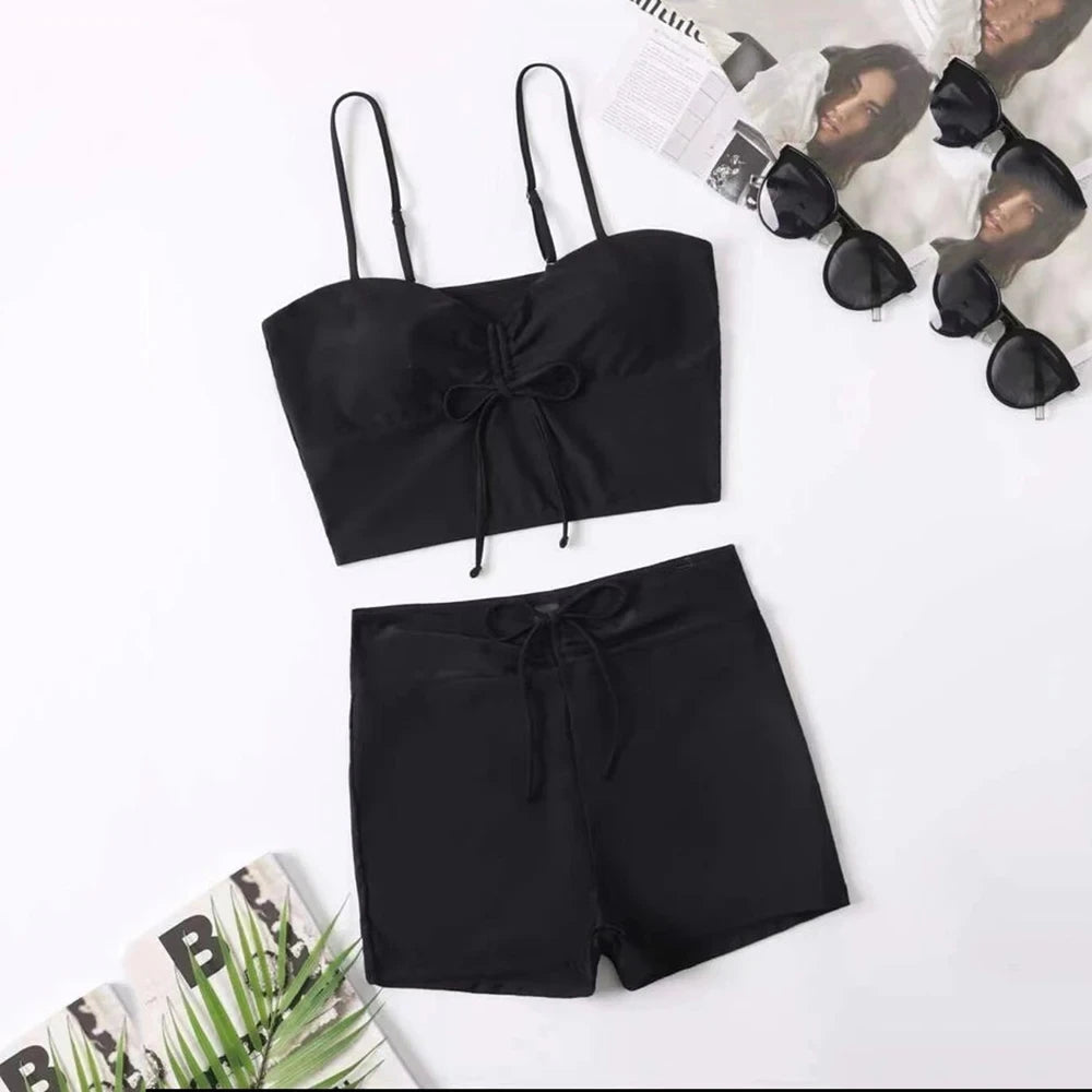 Black Drawstring Swimwear Bikinis Sets Mujer 2025 Crop Top Shorts Bottom Swimsuit Women Sexy Bathing Suit Beachwear Bikini Swim