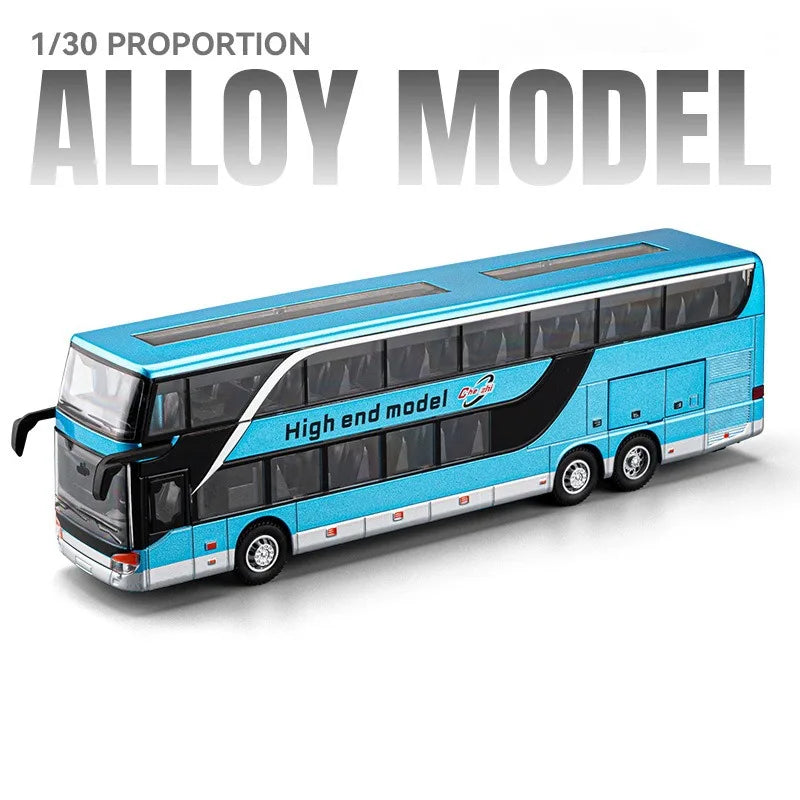 1:30 Business Single Alloy Diecast Double Decker Bus Model Toys Car Doors Opened Sound Light Pull Back Cars Child Christmas Gift