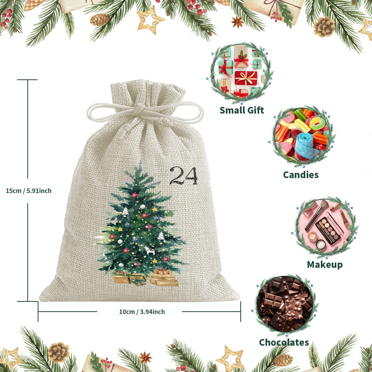 24pcs Drawstrings Christmas Gift Bags, 24 Days Countdown Calendar Christmas Bags for Xmas Tree Decorations Holiday Party