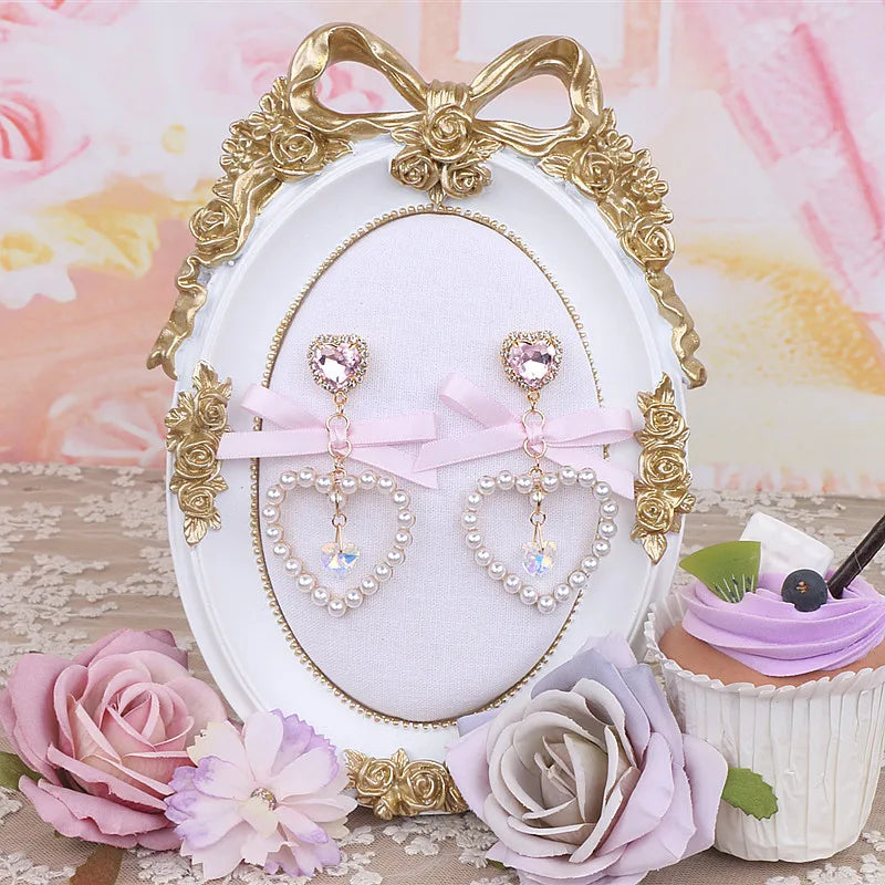 Dainty Japanese Style Women's Bow Earing Sweat Pearl Heart Earings Rhinestone Pendant Heart Earrings Accessories for Girl