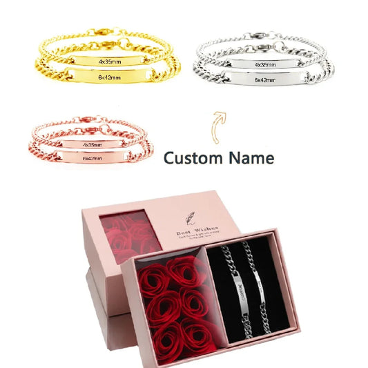 2pcs/set Customized Name Bracelet Made of Stainless Steel Couple Gift Included Jewelry Box Supports Dropshipping 2025 Hot