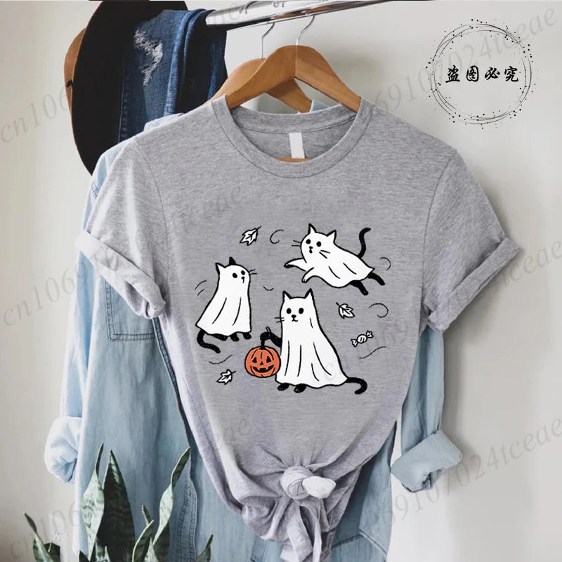 New Fashion Ghost Cat T-Shirt Tops Womens Vintage T-Shirt Funny Spooky Halloween Classic T-Shirt Tops Women's Tees Streetwear