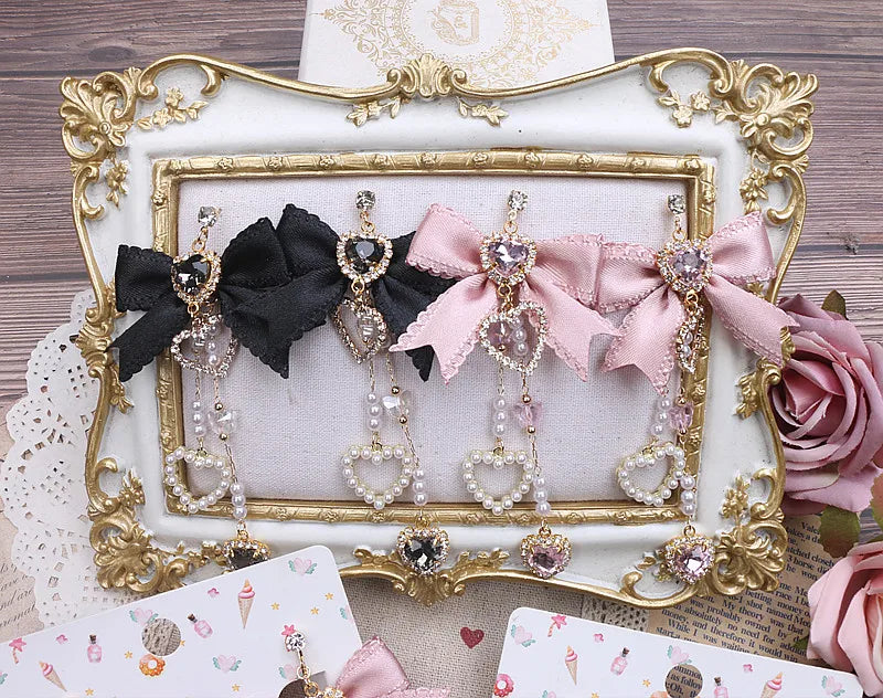 Cute Sweet Women's Bow Rhinestone Ear Clips Love Pendant Ornament Long Style Earrings S925 Needles Pearl Earrings for Y2K Girl