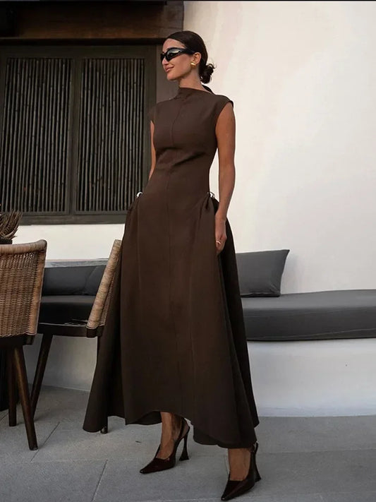 Vintage Brown Long Dress Women's Elegant Loose Diagonal Neck Black Metal Buckle Maxi Dresses Female 2025 Summer Evening Party