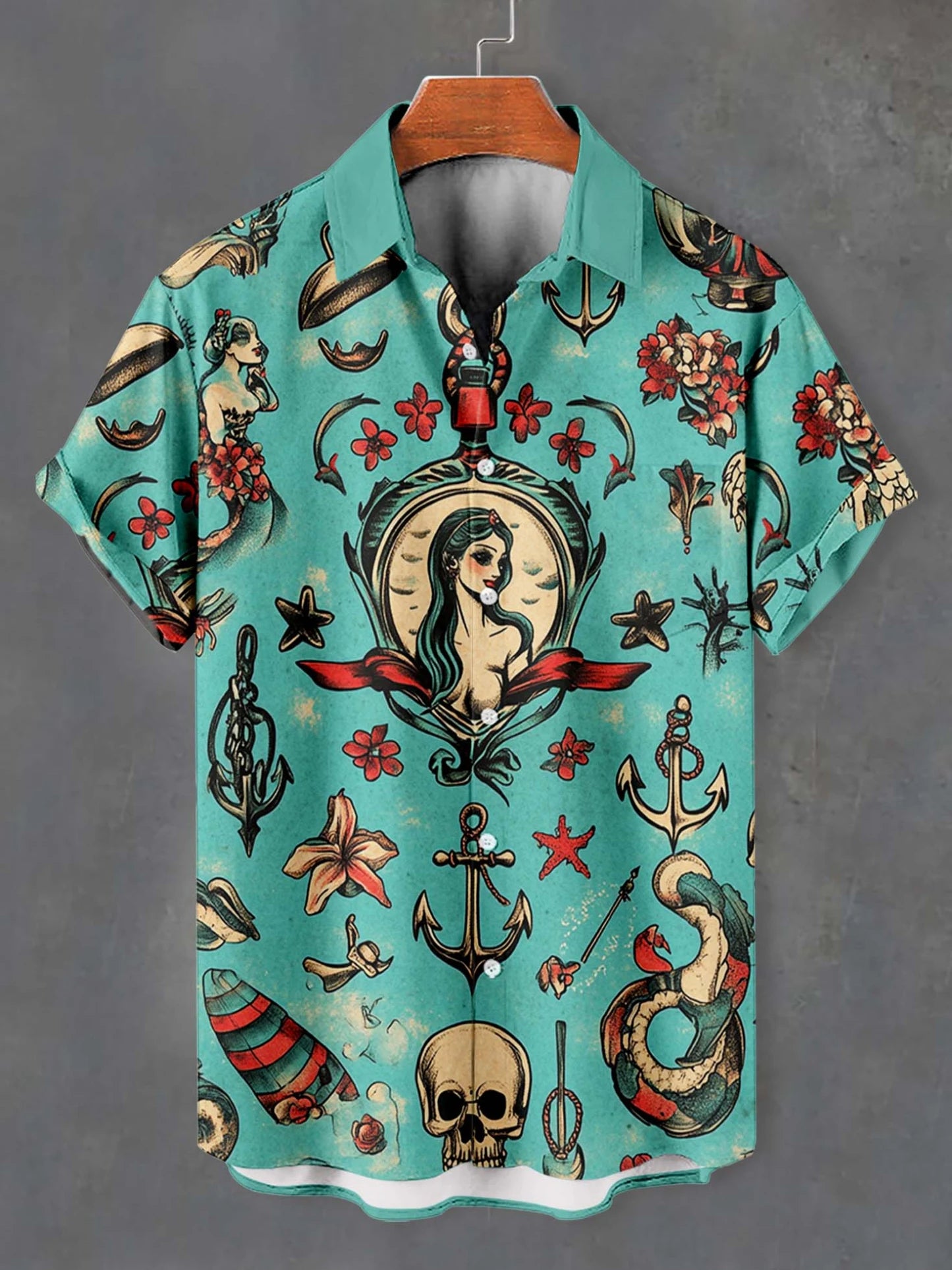 Retro Mermaid Pattern Men's Shirt Short Sleeve Shirts Button Down Lapel Shirts Oversized Tops Casual Hawaiian Shirt for Men